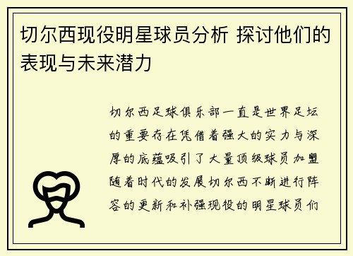 切尔西现役明星球员分析 探讨他们的表现与未来潜力